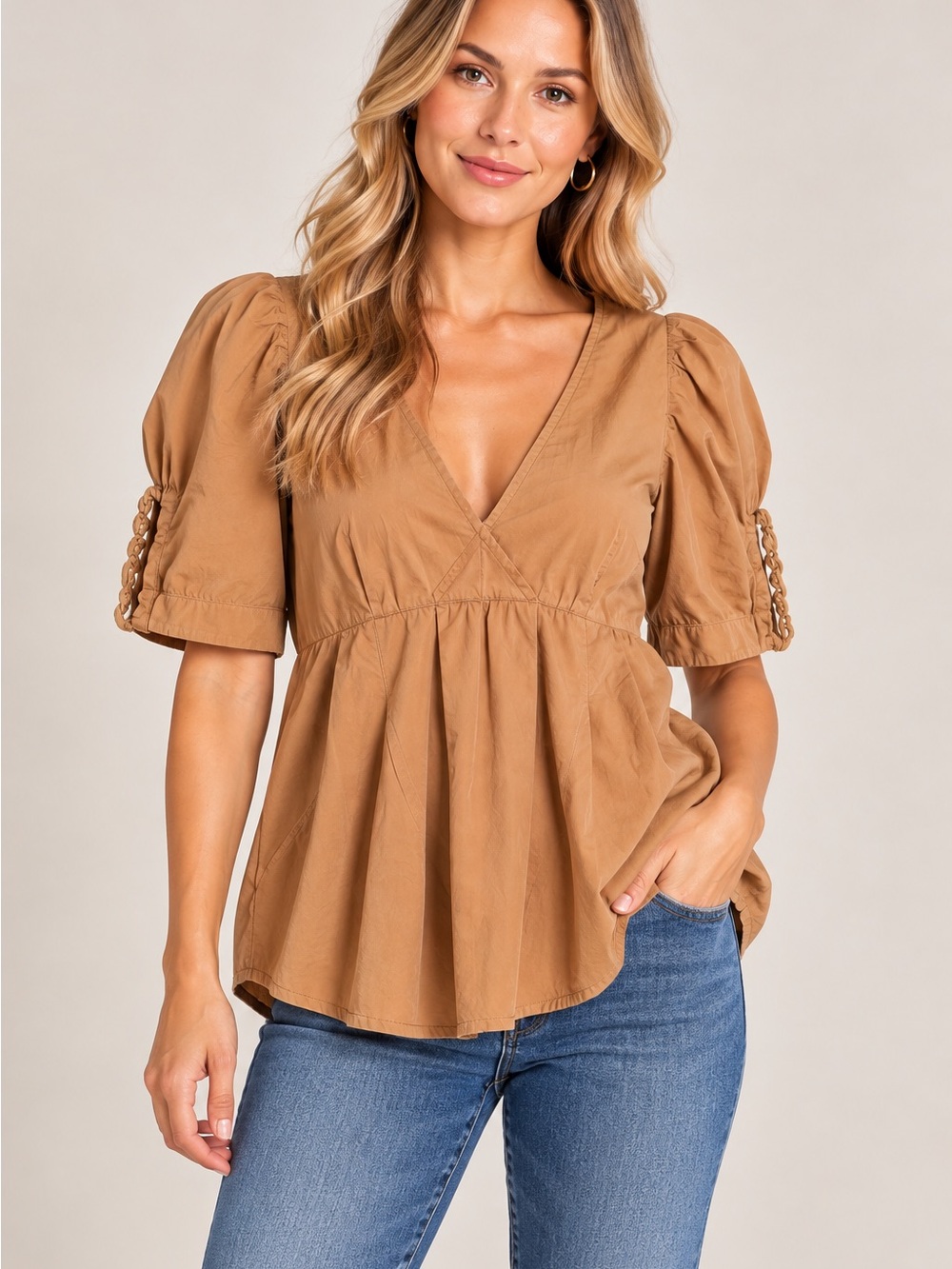 Free People Camel V-Neck Peplum Puff Sleeve Tunic 97% cotton